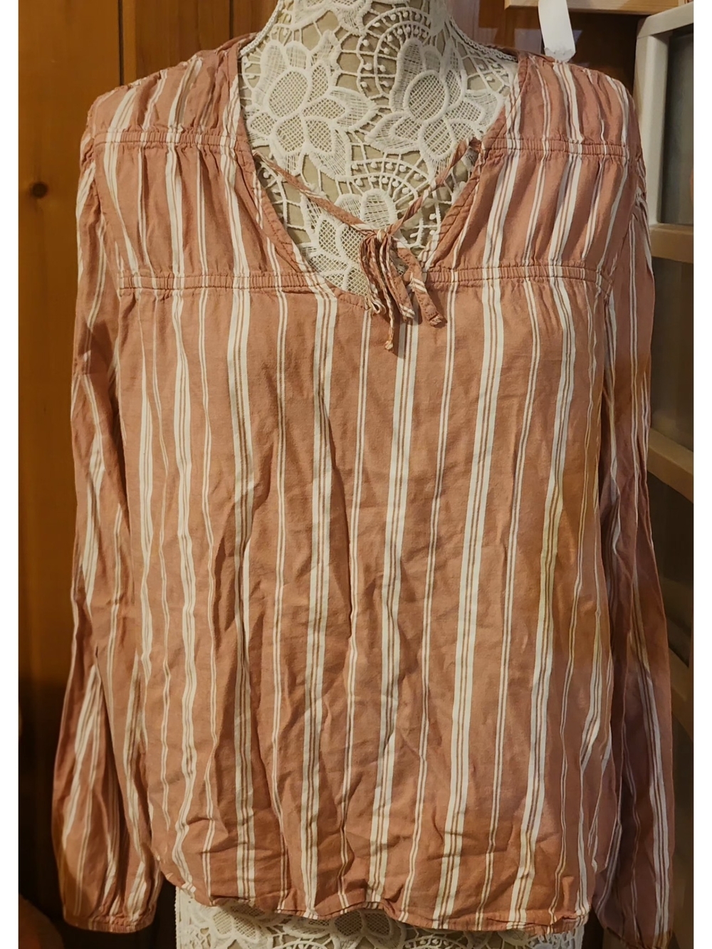 Falls Creek Dusty Terracotta Pink & White Vertical Striped Tie Neck Blouse